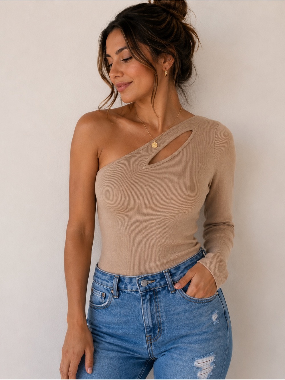 One Shoulder‎ Bodysuit Cutout Ribbed Knit Long Sleeve Top Party Sexy